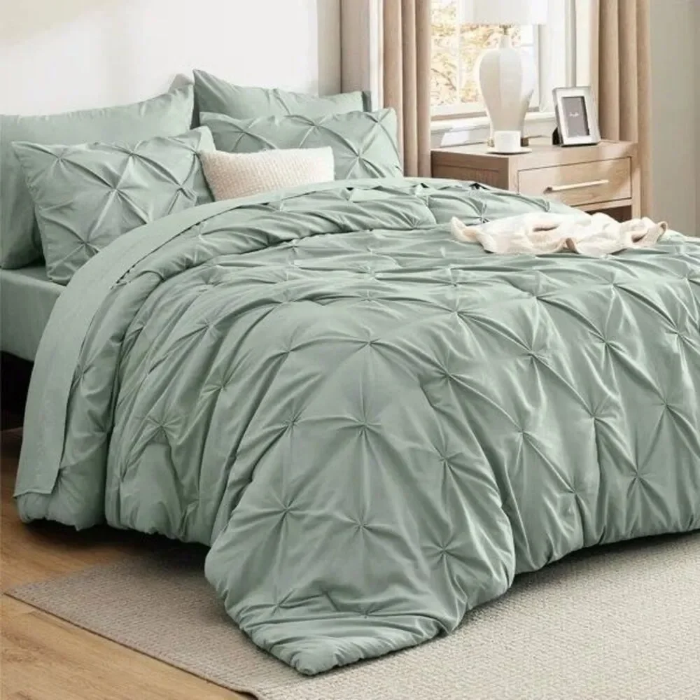 Bedsure Full Comforter Set Pintuck Sage Light Green Pinch Pleat Bedding 3 Piece
